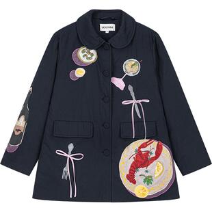 UOOYAA/乌丫「爱与食物」贴布刺绣娃娃领棉服