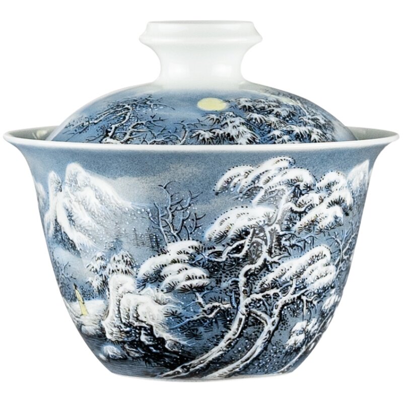 仿古粉彩月夜雪景盖碗