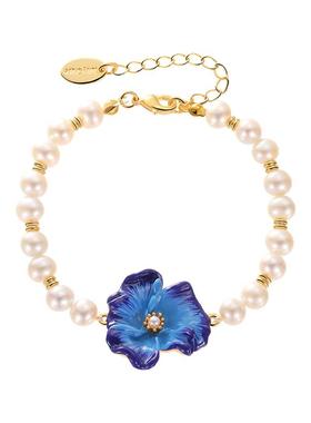 蓝色花朵珐琅珍珠手链女款