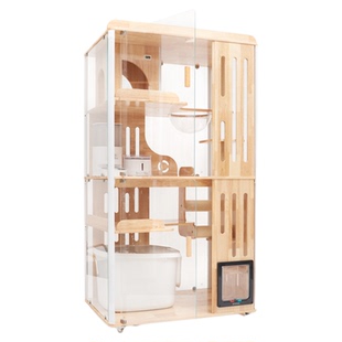 宽喵客厅防臭实木全景猫别墅可放自动猫砂盆钢化玻璃木质室内猫窝