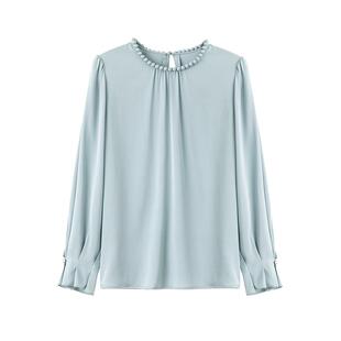 水墨佳人桑蚕丝双乔中长款圆领珠饰2026春通勤风宽松衬衫透气亲肤