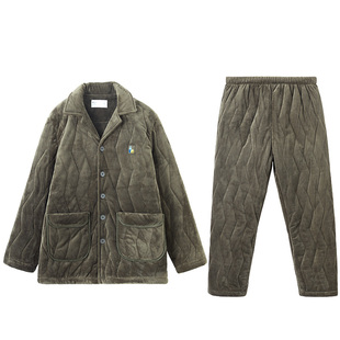 红豆男士夹棉睡衣三层加厚法兰绒抗静电冬防寒棉袄外穿家居服套装