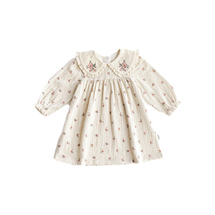 【新品】OAK FAMILY女童全棉碎花连衣裙宝宝长袖娃娃领绣花裙