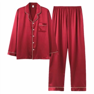 红色大码情侣睡衣女胖MM200斤结婚新婚庆冰丝绸缎本命年衬衫套装
