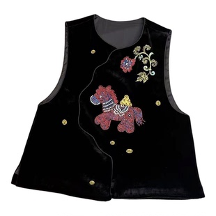 2026春新中式真丝丝绒钉珠刺绣马年吉祥圆领马甲坎肩暗扣小背心