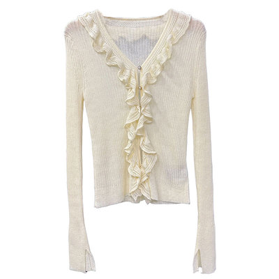 法式!亚麻荷叶边V领长袖针织开衫