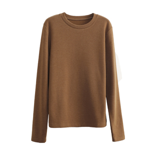 花吉C130米色内搭磨毛加绒圆领T恤女2025新款秋冬打底弹力上衣