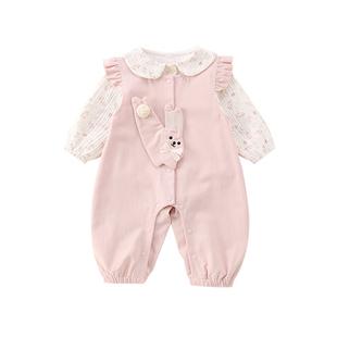 软奶甜美女宝宝长袖连体衣粉色兔耳朵新生婴儿超萌公主哈衣爬爬服