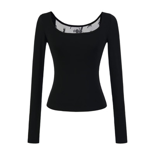 怪力酱 天丝U领美背蕾丝打底衫女春季设计感修身收腰微透内搭上衣