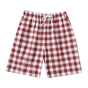 针织全棉睡裤女夏短裤薄款宽松外穿格子简约纯棉家居裤日系五分裤