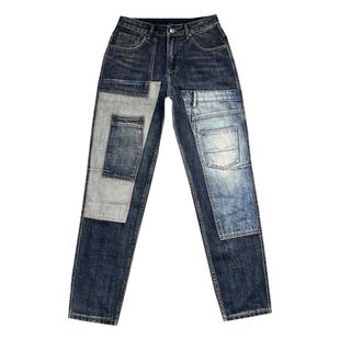 潮牌痞帅复古水洗设计感补丁拼接撞色多口袋工装牛仔裤男款锥形裤