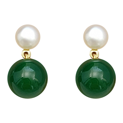 新中式国风耳饰祖母绿色天然石珍珠耳钉耳环女轻奢高级感气质大气