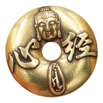 纯黄铜雕铸心经佛头平安扣手把件