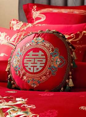 纯棉小抱枕大红色带芯精致刺绣结婚陪嫁子孙枕贵妃枕婚庆床上配件