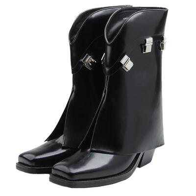 CALVINLUO 24新品 女式黑色牛仔插锁中筒靴