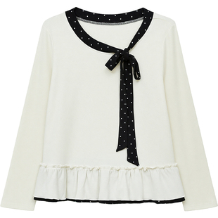 DM100大码百分百女装微胖mm冬季撞色波点系带收腰双层花边打底T恤