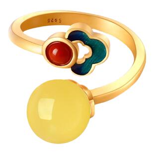 纯银古法金天然蜜蜡琥珀女款复古开口戒指轻奢小众设计感高端精致