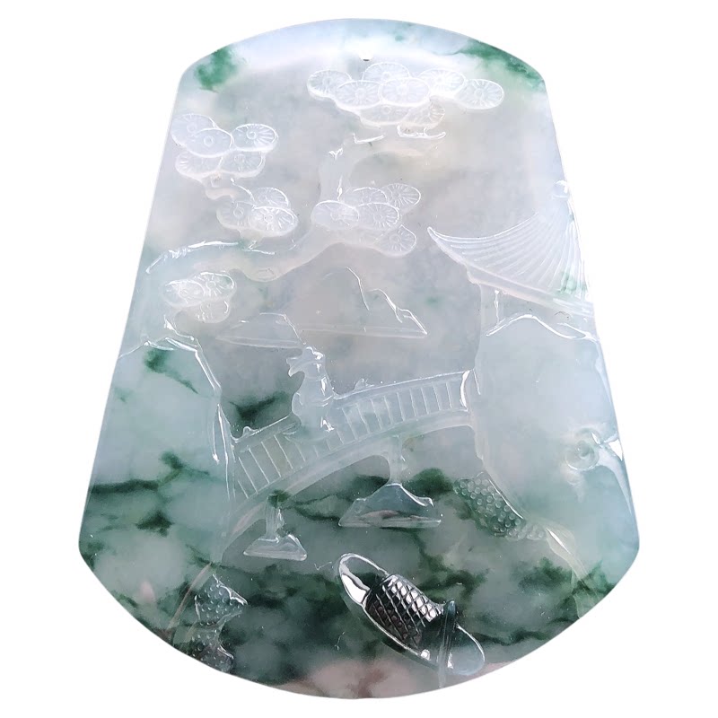 缅甸天然翡翠A货飘花山水牌吊坠