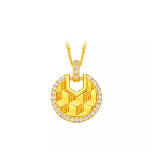 周大福代购 传福系列足金钻石福字福牌黄金项链女 新款正品RU2347