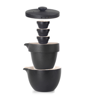 陶生活 黑禅风黑陶云螺快客杯 功夫茶具茶壶一壶两杯旅行茶具套装