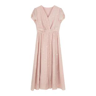 solighter 法式绣花扭结v领收腰连衣裙夏季2025新款气质短袖长裙