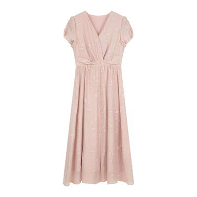 solighter法式绣花扭结v领连衣裙