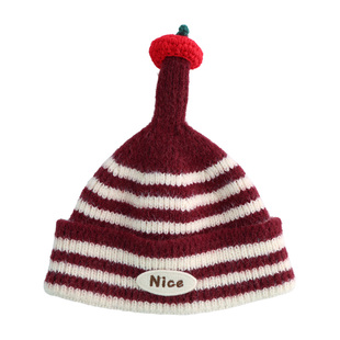 韩版条纹婴儿针织帽秋冬宝宝保暖护耳毛线帽可爱卡通柿子小童帽子