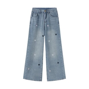 蓝色星星刺绣直筒牛仔裤女秋冬新款大码胖mm显瘦垂感宽松阔腿裤子
