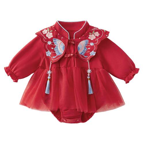 [抗菌]婴儿红色哈衣冬装幼童抓周新生儿爬服新生礼盒装女童连体衣