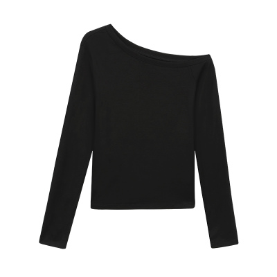 ousph针织长袖斜肩t恤女秋冬新款设计感修身气质黑色打底内搭上衣