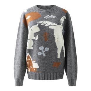 【100%绵羊毛】卡通小鹿圆领针织衫女宽松套头毛衣百搭休闲羊毛衫