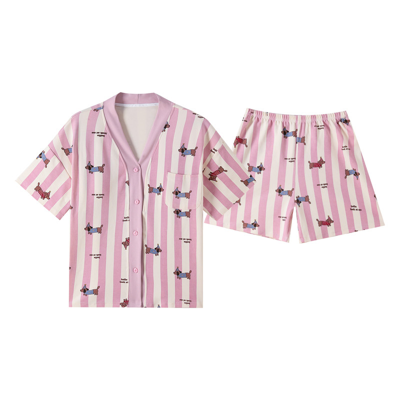 带胸垫一体睡衣女夏季和服条纹短袖开衫甜美卡通家居服可外穿套装