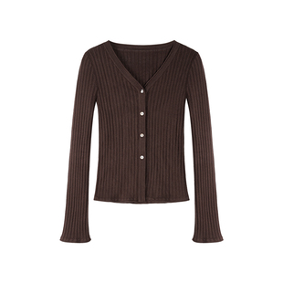 辰米范【现货6折】修身V领针织开衫女秋季长袖内搭上衣显瘦打底衫