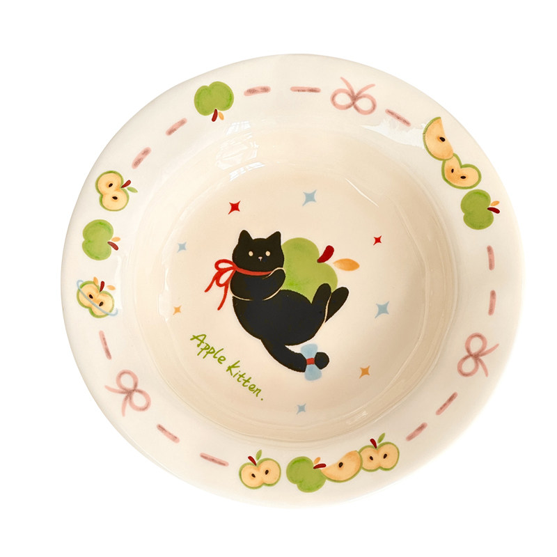 绿苹果猫咪陶瓷盘子甜品水果盘菜盘可爱家用意面盘酸奶碗生日礼物