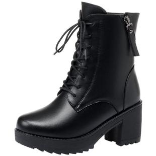 真皮马丁靴女款冬季加绒短靴新款厚底高跟全牛皮女靴加厚羊毛棉鞋