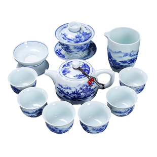 复古青花瓷功夫茶具套装家用轻奢高档泡茶壶三才盖碗茶杯茶盘整套