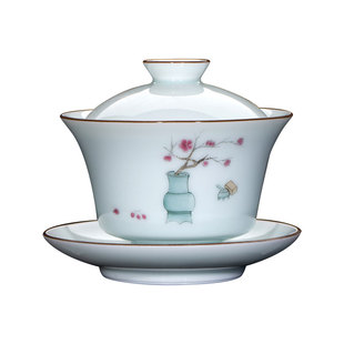 钟家窑茶具套装陶瓷一盖碗四杯影青粉彩手绘供青图送礼礼盒装气窑