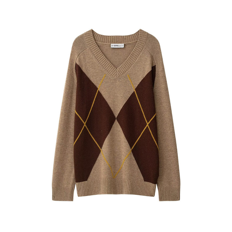菱形纹V领长袖针织衫2893148