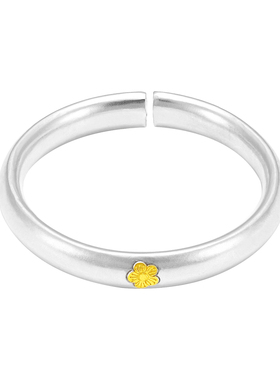 双鼓光面纯足银999手镯女镶金梅花新中式泥鳅背手工开口实心素圈