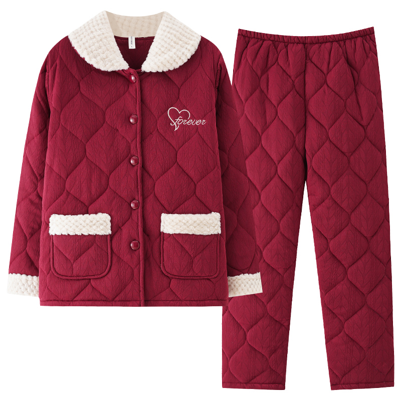 本命年红色睡衣女冬季加厚夹棉保暖开衫家居服套装大红色喜庆婚前