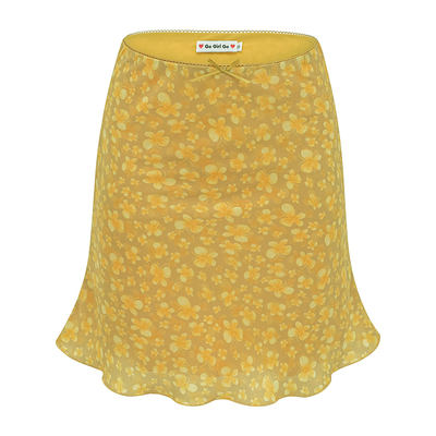 Go Girl Go 自制美式复古黄色蝴蝶印花短裙女夏季a字半身裙