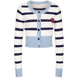 HERLIAN 春夏新款 爱心LOGO条纹毛织开衫针织蓝白女条纹外套