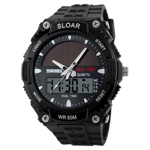 时刻美太阳光能手表男士防水户外双显电子表学生运动手表环保腕表