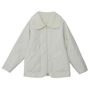 胖莹莹大码女装冬款胖MM洋气甜美小个子轻薄羊羔绒领菱格棉服外套