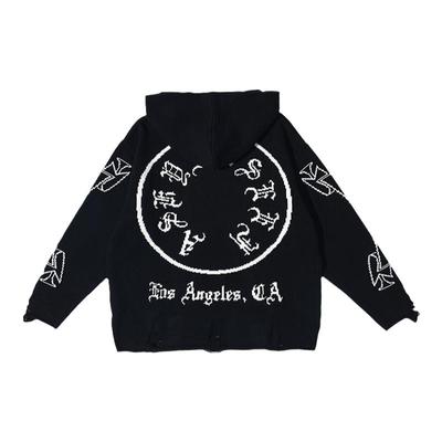 ASKYURSELF经典梵文卷轴Logo破坏针织连帽卫衣 男女同款 黑色