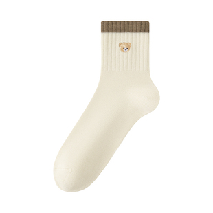 猫人袜子女款纯棉中筒袜春夏季抗菌防臭可爱小熊刺绣无骨月子长袜