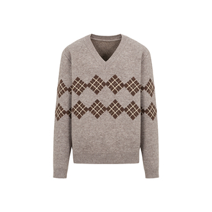 Funnel in灰色菱格纹V领毛衣女2025秋冬新款宽松套头羊毛针织衫