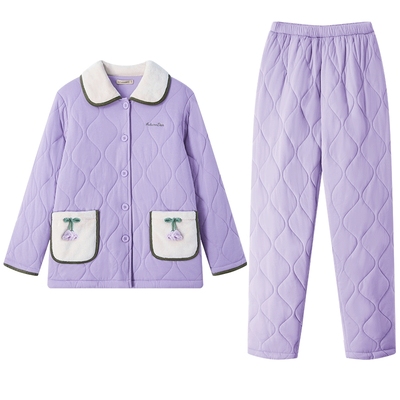 秋鹿针织三层加厚夹棉睡衣女