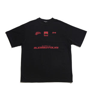Blessed Folks红字logo跑车元素机能风格重磅全棉美式复古正肩T恤