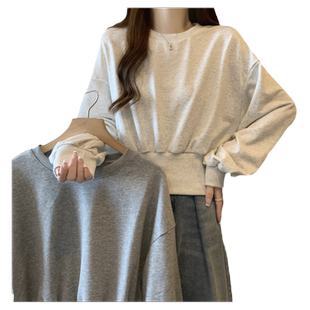 短款收腰下摆圆领卫衣女薄款春秋装宽松显瘦设计感小众长袖上衣潮